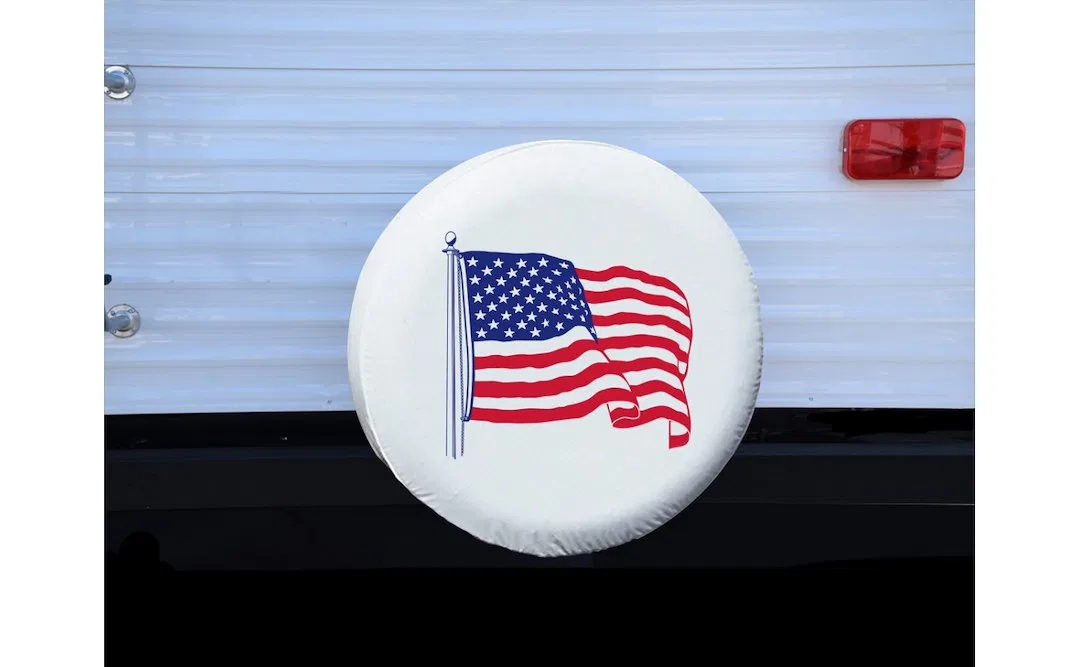 1781 – ADCO Spare Tire Cover, Fits 34 Inch Diameter Tires US Flag Printed Design White Vinyl With Hollow Bead Welt Co...